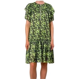 Brigitte Herskind Carlson Dress Camoflauge Puff Sleeves Ruffles Women's Size 42